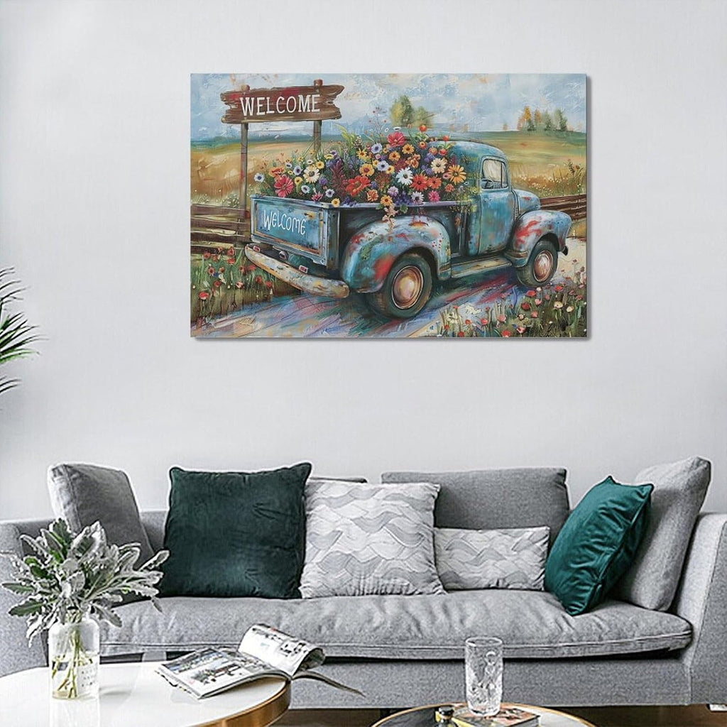 Farmhouse Truck Wall Art Rustic Country Wildflowers Wall Decor Road Flowers Landscape Pictures Canvas Print Painting Artwork for Bathroom Living Room Bedroom 16"x24"