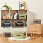 Storage Boxes with Lid Cotton Linen Fabric Storage Bins Organizer Container Decorative Collapsible Washable Shelf Baskets Faux Leather Handles for Home Bedroom Closet (Gray, Large Size)
