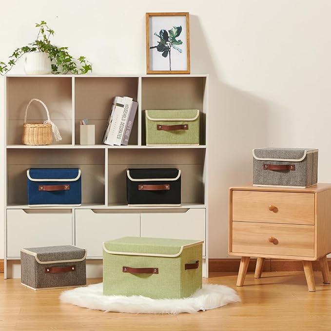 Storage Boxes with Lid Cotton Linen Fabric Storage Bins Organizer Container Decorative Collapsible Washable Shelf Baskets Faux Leather Handles for Home Bedroom Closet (Gray, Large Size)