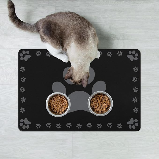 Dog Food Mats for Floor, Absorbent Pet Food Mat - Cat Feeding Mat Quick Dry Dog Bowl Mats for Water Pet Supplies Feeding Placemat 16" x 24" Black
