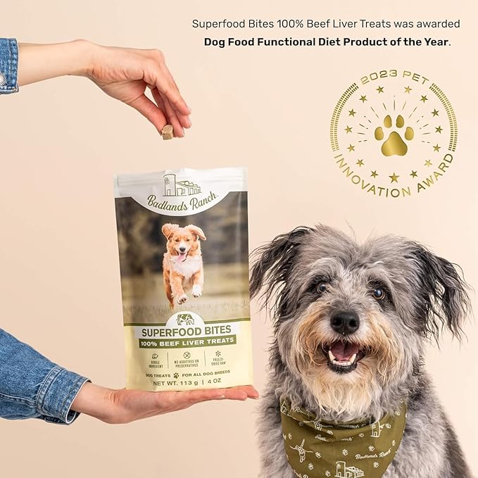 BADLANDS RANCH - Superfood Bite, Freeze-Dried Raw Dog Treats - Protein Rich, Train & Reward, Traceable Single Ingredient by Katherine Heigl (4 Ounce (Pack of 4) Beef Liver)