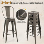 COSTWAY Metal Bar stools Set of 4, with Removable Back, 30'' Bar Height Stools with Rubber Feet, Stylish and Modern Chairs, for Kitchen, Dining Rooms, and Side Bar (Gun-Update, 30'')