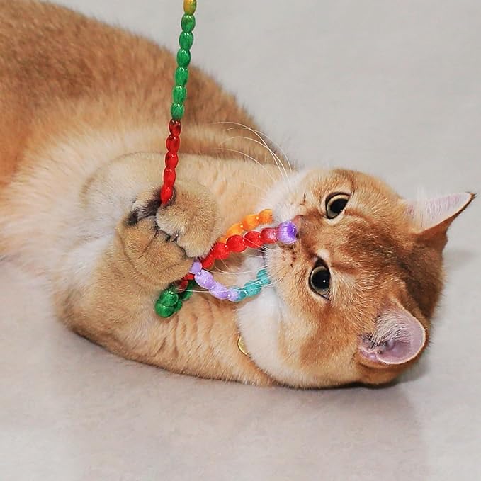 Interactive Cat Toys, 3 Pcs Cat Wand Toys for Indoor Kitten with Colorful Bead Shape Hemp Rope and Small Bell, Kitty Teaser String Toy for Indoor Cats to Chase and Exercise