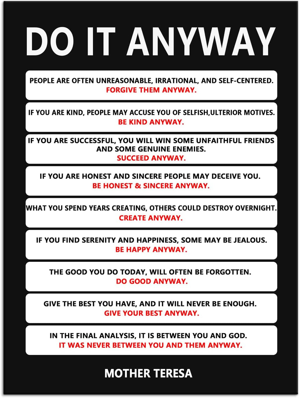 Do It Anyway Motivational Wall Art Inspirational Poster Mother Teresa Quote Canvas Prints Artwork for Office Living Room Modern Home Decor Painting Pictures Stretched and Framed [18''Wx 24''H]