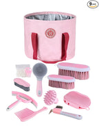 Harrison Howard Horse Grooming Kit 9 Piece with Tote, Non-Slip Silicone Grip Brush Set for Horses, Shedding Bathing Daily Care, Beginner Friendly Pink