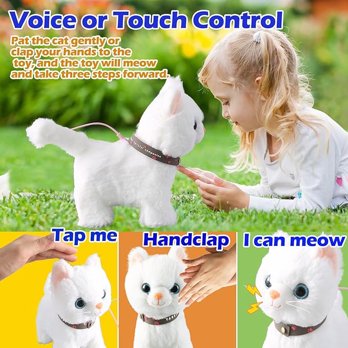 White Leash Walking Cat Set Singing That Purrs and Meows Animated Plush Robot Kitten Pet Moving Plush Realistic Stuffed Animal Remote Control Cute Kawai Robotic Kitty Toy for Kid