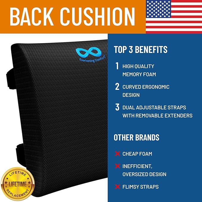 Everlasting Comfort The Original Lumbar Support Pillow - Improves Posture, Promotes Back Pain Relief - Superior Office Chair Back Support for Gaming and Desk Chairs - Lumbar Pillow for Car, Couch