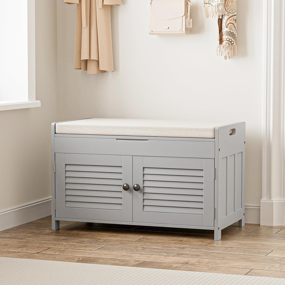 Shoe Storage Bench with Lift Top Storage, Entryway Bench with Cushioned Seat, Adjustable Shelf, 2 Tier Shoe Rack with Doors for Entryway, Bedroom, Hallway, Mudroom, Grey