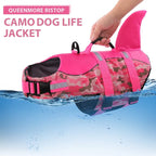 Dog Life Jacket Ripstop Dog Shark Safety Vest Adjustable Preserver with High Buoyancy and Durable Rescue Handle for Small,Medium,Large Dogs, Pink Camouflage XX-Large