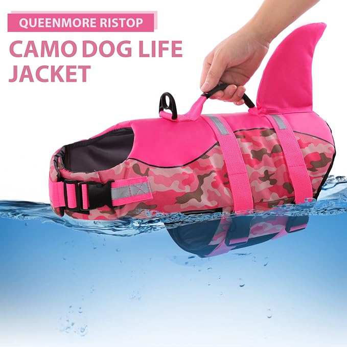 Dog Life Jacket Ripstop Dog Shark Safety Vest Adjustable Preserver with High Buoyancy and Durable Rescue Handle for Small,Medium,Large Dogs, Pink Camouflage XX-Large