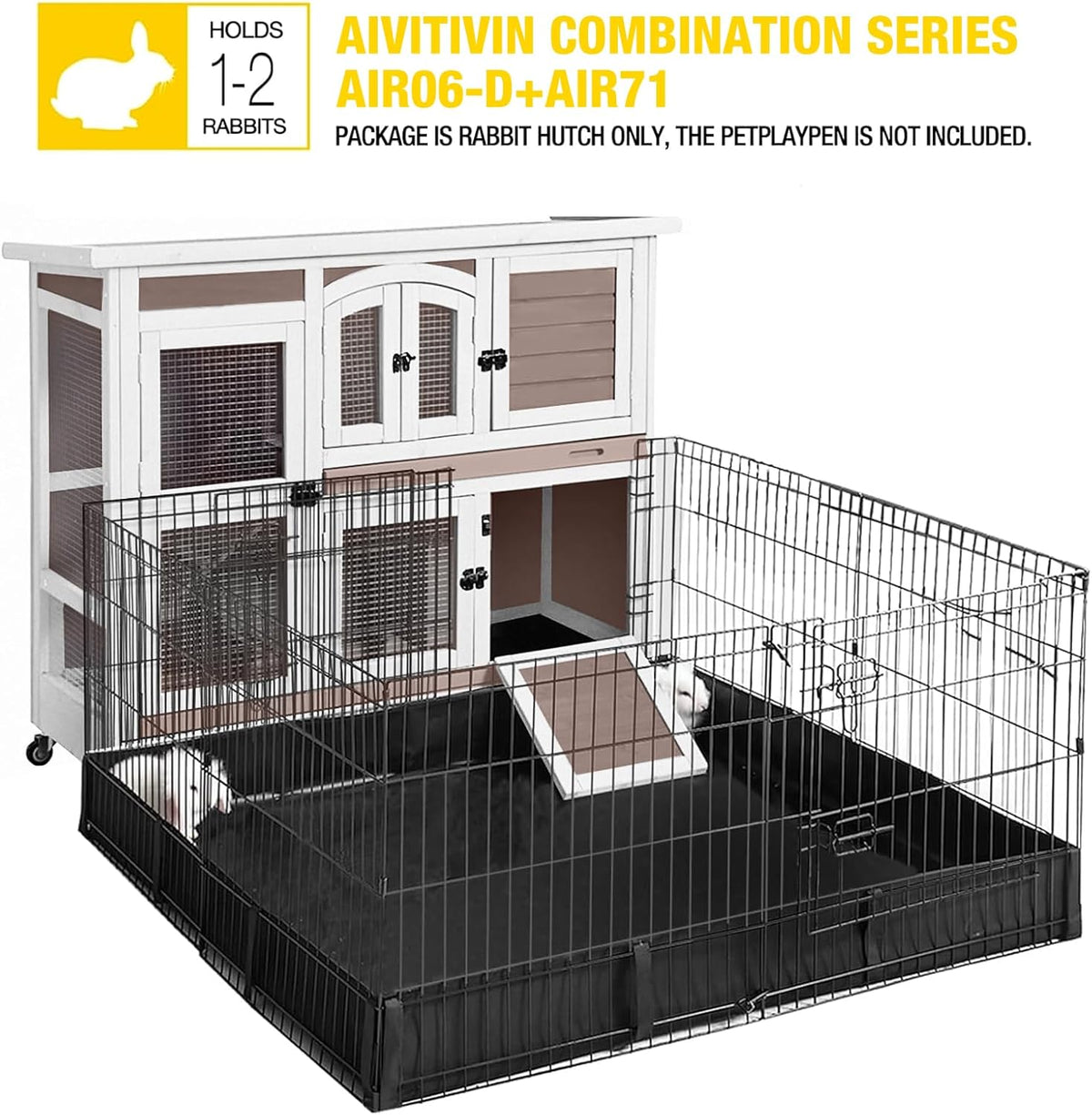 Aivituvin Rabbit Hutch Bunny Cage with Wheels Indoor Outdoor 47" Two Story Guinea Pig Cage with 2 Deep No Leak Tray