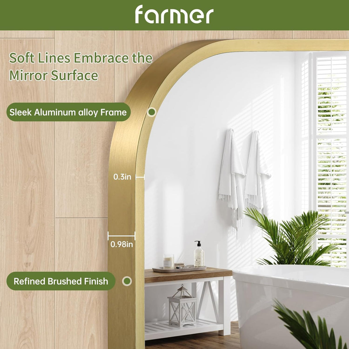 FARMER 20x30 Inch Gold Bathroom Mirror, Rectangle Vanity Mirror, Brushed Mirrors for Wall, Metal Frame Hanging Mirror with Round Corner for Bedrooms, Entryways, Living Rooms, Horizontal/Vertical