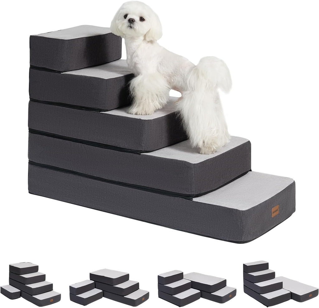 5-Step Adjustable Dog Stairs for High Beds, Dog Steps for Small Dogs and Cats, Foldable Pet Stairs for Bed Climbing, Non-Slip Pet Step Indoor, Grey