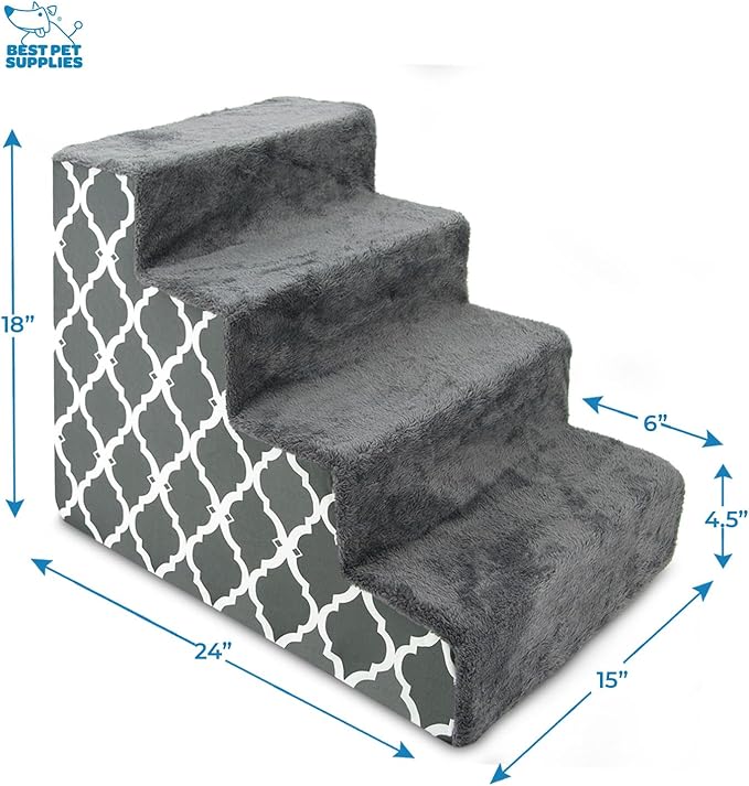 Best Pet Supplies Dog Stairs & Steps - Foam Steps for Small Dogs & Cats, Non-Slip Indoor Balanced Pet Step Support, Dog Ramp, No Assembly, Gray Lattice Print, 4-Step (18-inch Height)