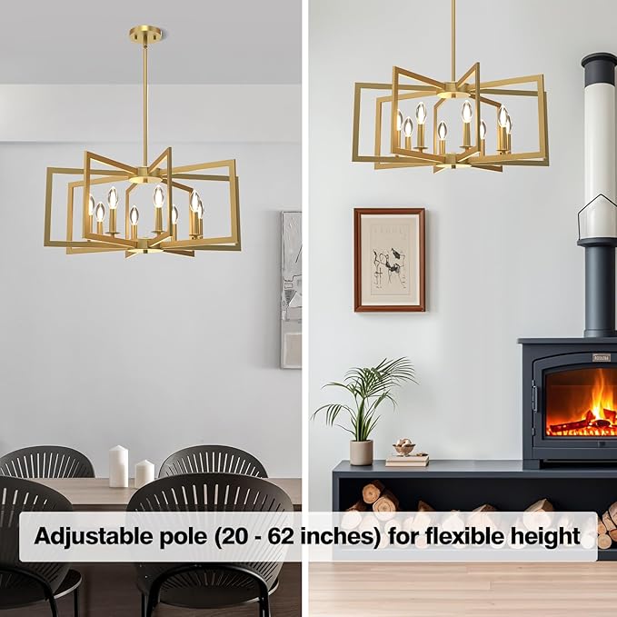 Modern Gold Chandelier, 8-Light Geometric Dining Room Light Fixture, Industrial Pendant Lights Kitchen Island, Hanging Metal Farmhouse Chandeliers for Dining Room Entryway Foyer Bedroom Kitchen ﻿