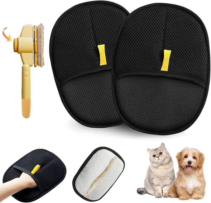 2 Pcs Pet Hair Removal Glove with Cat Comb,Reusable Electrostatic Pet Cat Dog Hair Remover Grooming Gloves Brush Tool for Couch,Furniture,Carpet,Car Seat