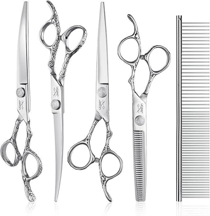 JASON Professional 6 in 1 Dog Scissors Set - 6.5" Thinning, 7" Straight, 7" Up-Curved, 7" Down-Curved Shears and Comb for Cat & Pet (Silver)