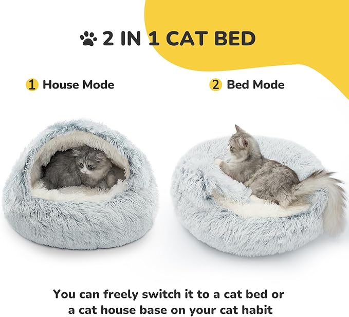 CATISM Cozy Cat Pod - Plush Hooded Cat Bed Cave, Self Warming, Removable Washable with Non-Slip Bottom