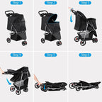 Foldable Pet Stroller for Cats and Dogs 3 Wheels Carrier Strolling Cart with Weather Cover, Storage Basket + Cup Holder (Black)