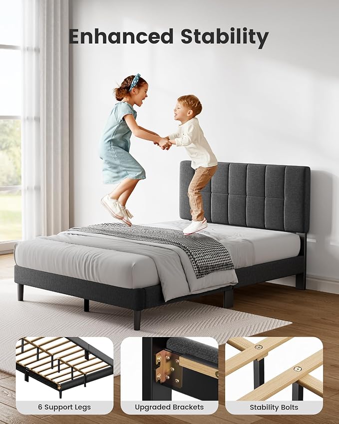 Pipishell Queen Size Bed Frame Upholstered Platform Full Size Bed Frame with Adjustable Headboard,1300 lbs Strong Weight Capacity, Fully Upholstered Mattress Foundation,No Box Spring Needed, Dark Grey