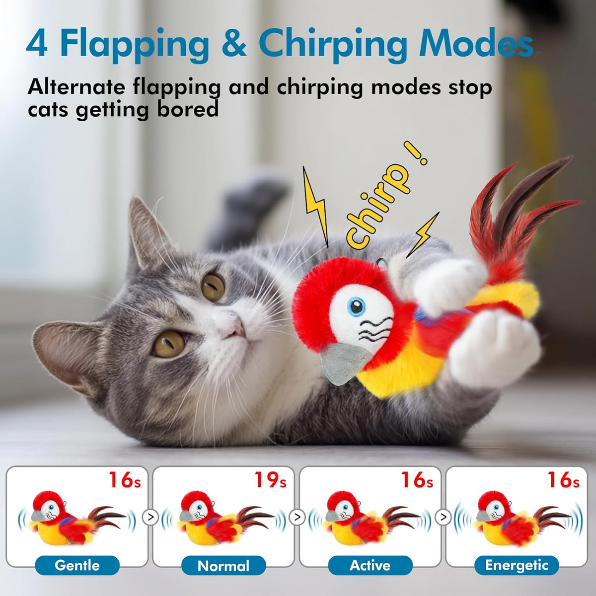 Vannon Cat Toys Flapping Bird(Cannot Fly), Rechargeable Touch Activated Kitten Toy Interactive Cat Exercise Toys with Catnip and Feather for Indoor Cat - Red