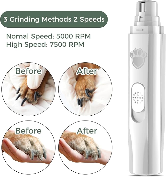 VIWIK Dog Nail Grinder, 2-Speed Rechargeable Dog Nail Trimmers for Large Medium & Small Dogs, Upgrade Professional Electric Pet Paws Nail Grinder, Quiet Puppy Grooming Tool Cat Dog Nail Dremel White
