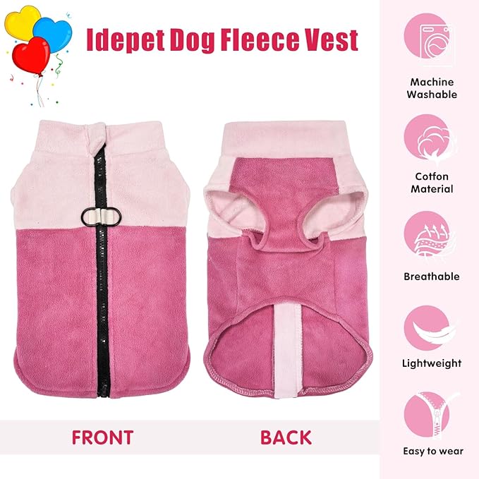 Idepet Dog Fleece Vest Sweater Zip Up Warm Pullover Dogs Jacket with D-Ring Leash Winter Cold Weater Coat Pet Sweatershirt Clothes Hoodie for Small Medium Dogs Boy Girl (Pink/Rose Red, M)