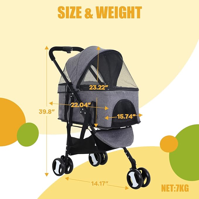 Dog Stroller Cat Stroller Pet stoller 3-in-1 Folding Dog Stroller for Small Medium Dogs Cats with Detachable Carrier Storage Basket Waterproof Lightweight for Travel,Grey