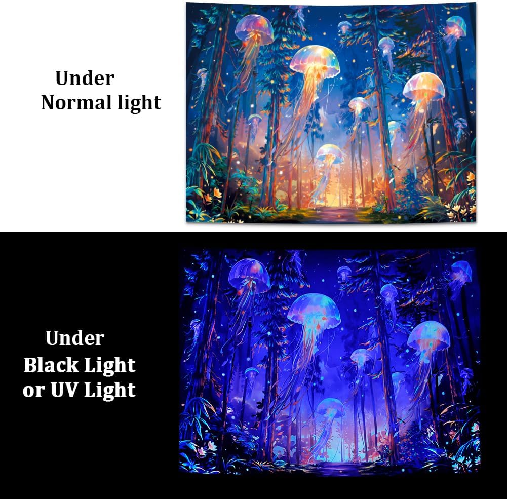 Racunbula Blacklight Forest Jellyfish Tapestry UV Reactive Nature Tree Tapestry Trippy Fantasy Starry Sky Tapestries Aesthetic Jungle Plants Tapestries Wall Hanging for Bedroom