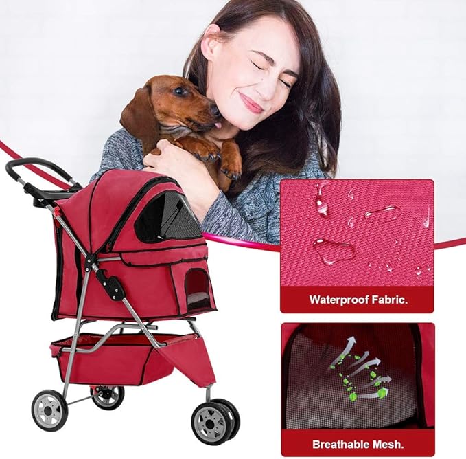 BestPet 3 Wheels Pet Dog Stroller Cat Cage for Medium Small Dogs Cats Travel Folding Carrier Waterproof Puppy Stroller with Cup Holder & Removable Liner,Red