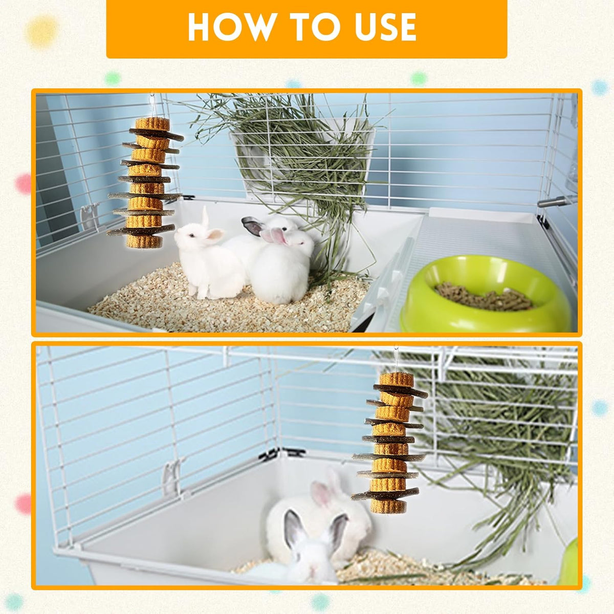 kathson Natural Small Animal Chew Toys for Teeth,4 PCS Rabbit Hanging Chewing Treats with Natural Organic Apple Stick Timothy Grass Carrot Cake for Hamsters Squirrel Guinea Pig Rabbits