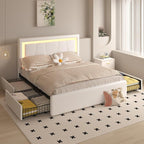 Queen Bed Frame with 4 Storage Drawers and Adjustable Headboard, Upholstered Platform LED Bed with Type-C&USB Ports, Solid Wooden Slats Support, Faux Leather, Easy Assembly, Beige