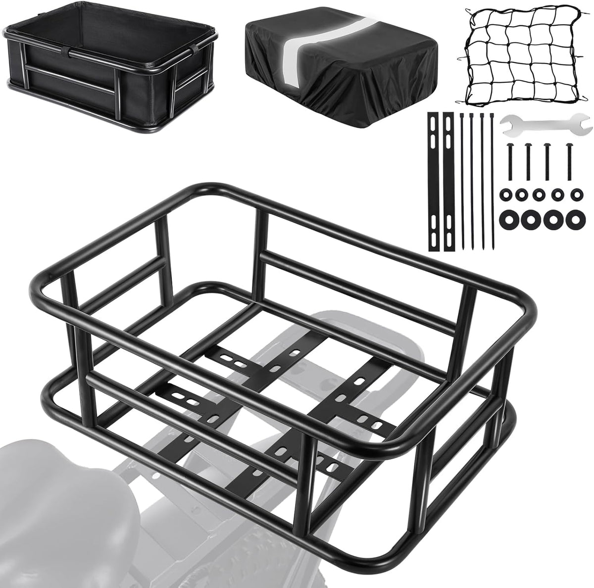 Bike Basket Rear with Liner,Waterproof Cover,Cargo Net Large Rear Bike Basket,Heavy Duty Bicycle Rear Basket for Electric Bike, Ebike,Great for Bike Trip,Carrying Grocery,Ball,Dog
