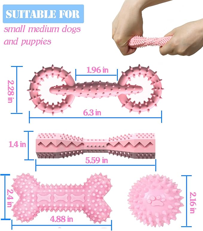 4 Pack Puppy Toys for 2-8 Months Pets Dog Chew Toy for Small Puppies Teething Toys for Cleaning Teeth Cute Pink Small Dog Toys Soft Durable Interactive Chew Toy Puppy Supplies Starter Kit (Pink)