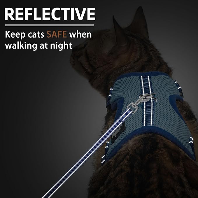 PUPTECK Cat Harness and Leash Set Escape Proof, Reflective Adjustable Soft Mesh Kitten Vest Harness for Walking Travel, Blue, M