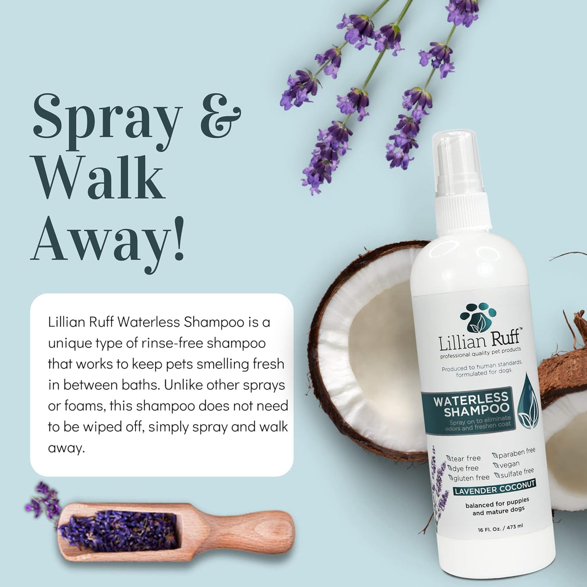 Lillian Ruff Waterless No-Rinse Dog Dry Shampoo Spray with Hydrating Essential Oils - pH-Balanced Dry Shampoo for Dogs - Clean, Condition, Detangle & Deodorize Dry, Sensitive Skin (Gallon)