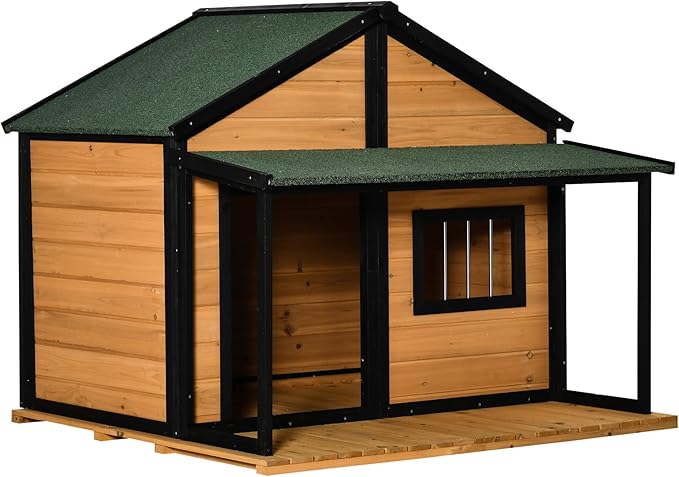 PawHut Outdoor Dog House Cabin Style, Wooden Raised Pet Kennel with Asphalt Roof, Front Door, Side Window, Porch for Medium/Large Dogs, Loading 53 lbs, Yellow