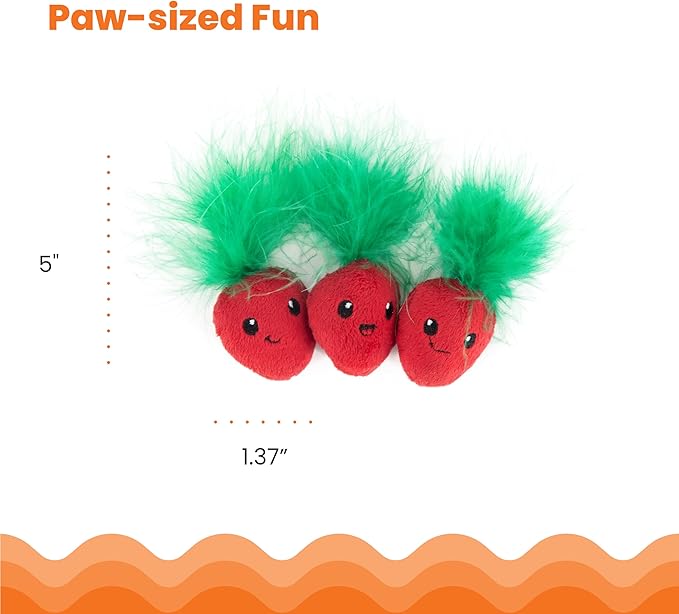 Catstages Strawbabies 3-Pack Catnip Cat Toys for Dental Health, Feather & Crinkle Teething Toys for Kittens and Indoor Cats, Interactive Play, Pink
