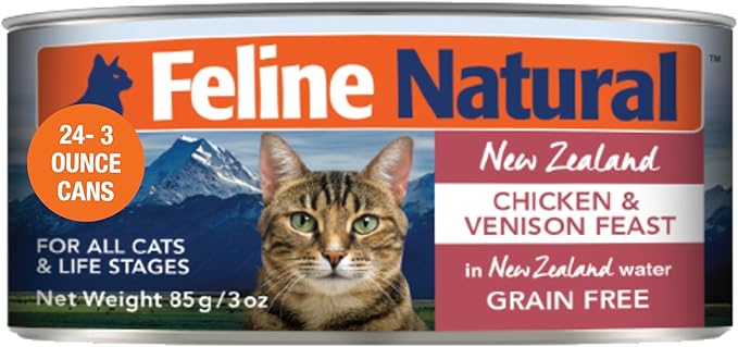 Feline Natural New Zealand Canned Catfood Wet Food, High-Meat, Low-Carb, & Grain Free Cat Food Wet, Chicken & Venison Feast, 3 oz, Pack of 24