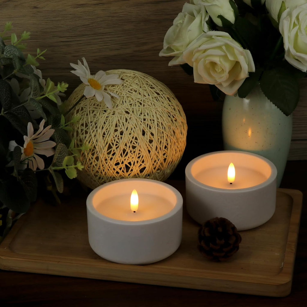GenSwin White Flameless Pillar Candles with Timer, 2 Pack LED Flickering Candles with Concrete Holder and Real Wax Imitate Scented Candle Shaped for Wedding Homer Decor