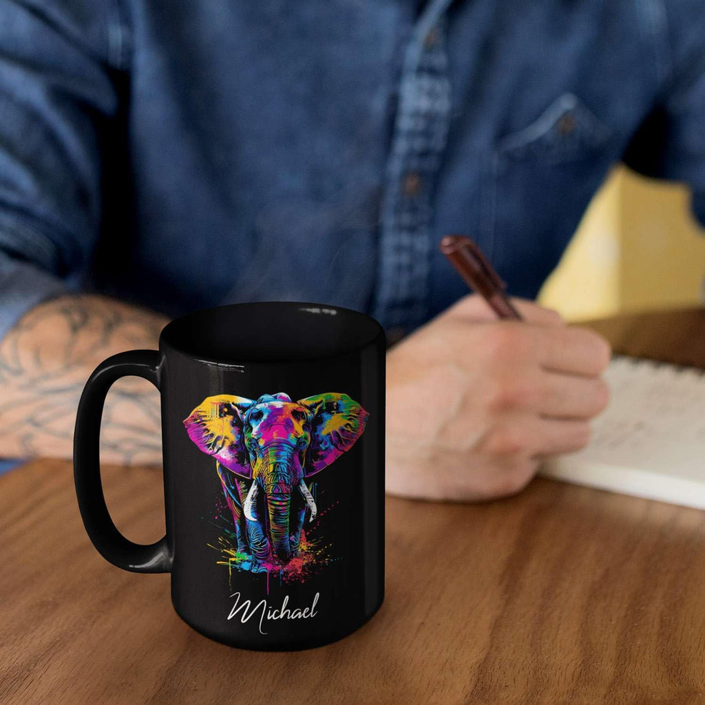 Elephant Coffee Mug 11oz 15oz, Personalized Name Animal Black Cup, Gift For Elephant Lovers, Custom Colorful Animal Design Mug, Gifts For Son Daughter On Birthday