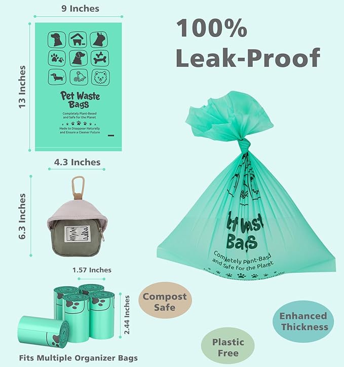 100% Compostable Dog Poop Bags, 270Count Value Pack, BPI Certified, Biodegradable Leakproof Thick Poop Bags for Dogs with Dispenser, Plant-Based, ASTM D6400 & EN 13432 Compliant Pet Waste Bag