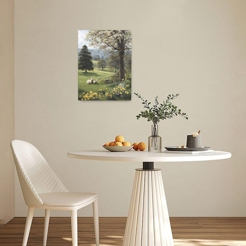Country Sheep Canvas Wall Decor Farmhouse Rustic Lamb Wildflower Wall Art Nature Countryside Landscape Pictures Painting Print Framed Artwork Decorations for Bathroom Living Room Bedroom 12"x16"