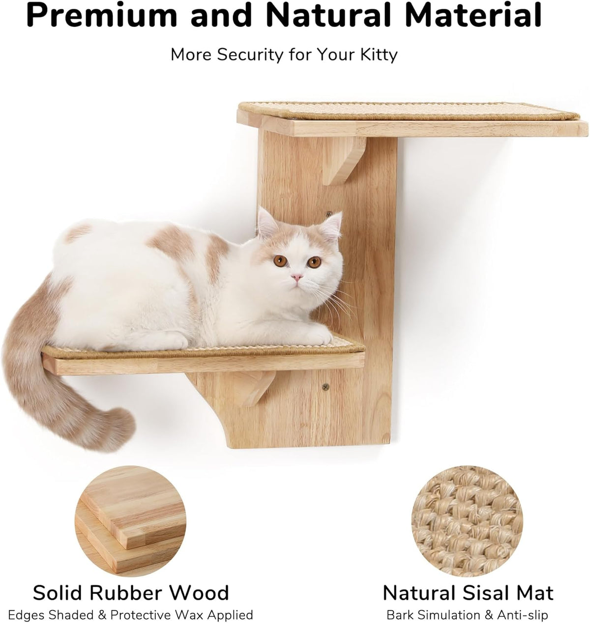 FUKUMARU Cat Wall Shelves, 2 Platform Kitten Wall Furniture, Tree Shape Wall-Mounted Floating Shelf with Sisal Mat, Solid Rubber Wood Cats Perch for 16 Inch Drywall, Suitable for Climb, Play, Nap