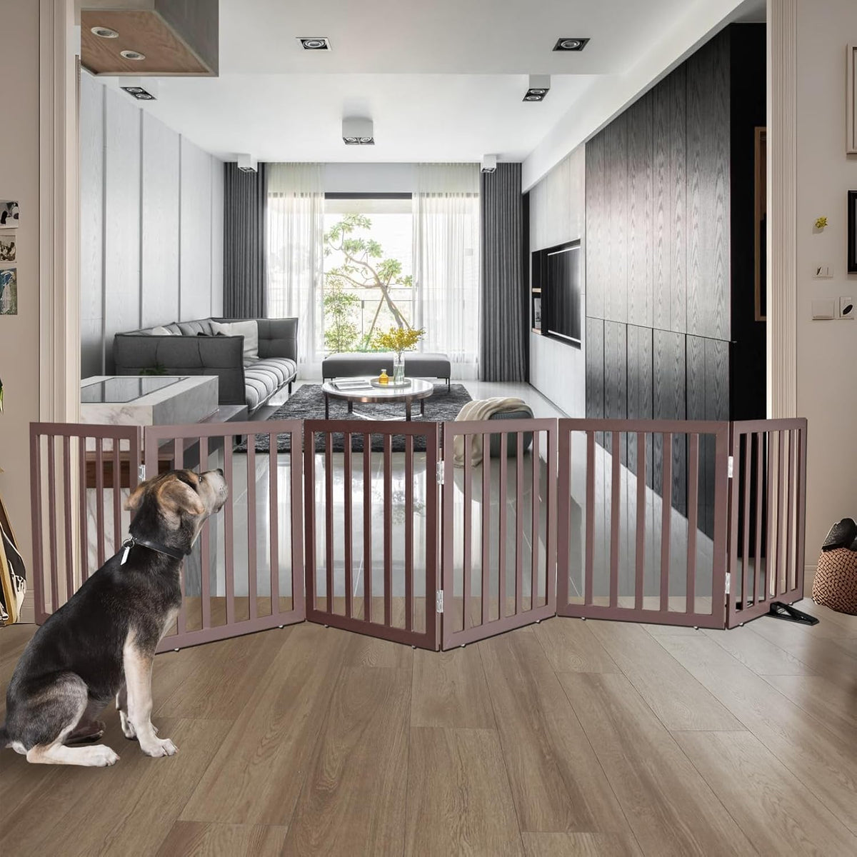 ZJSF Freestanding Indoor Dog Gate for House Foldable Wood Puppy Gate for Doorways Pet Gate for Stairs Extra Wide Pet Fence, Brown, 24" Height 6 Panels