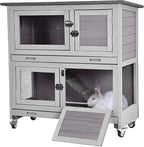 Rabbit Hutch Outdoor Indoor Bunny Cage 2 with Large Pull-Out Trays 2 Story Guinea Pig Cage on Wheels- Move Freely