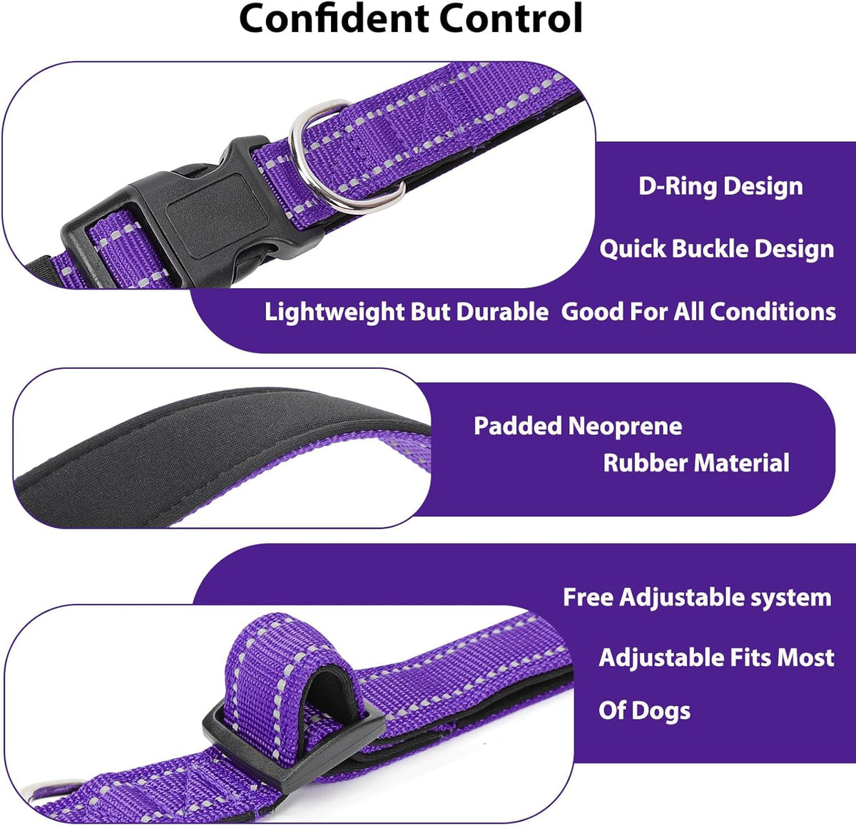 Reflective Dog Collar Padded with Soft Neoprene Breathable Quick Release Basic Dog Collars for Puppy Small Dogs Girl Purple