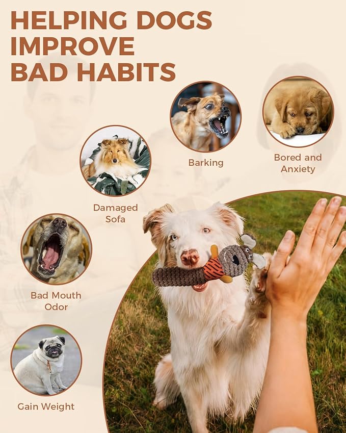 Squeaky Dog Toys for Small Dogs, Interactive Dog Plush Toy for Aggressive Chewers, Tough Chew Gifts for Puppy Teething to Keep Them Busy and Relieve Boredom (Brown Dog)