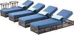 Luxury Outdoor Chaise Lounge Chairs of 4 with 5 Inch Thick Cushions and Side Table - 6 PCS High Back Brown Wicker Patio Recliners Lounger Furniture Set for Poolside Sunbathing - Navy Blue