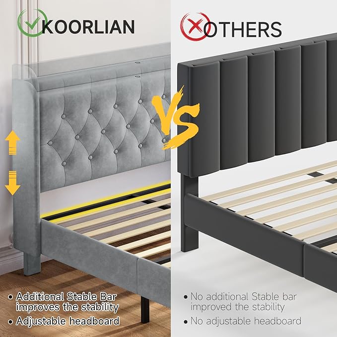 koorlian Queen Bed Frame with Headboard, Adjustable Velvet Upholstered Bed Frame with Type-C&USB Ports, Wingback Storage Headboard, Solid Wood Slats Support, No Box Spring Needed, Light Gray